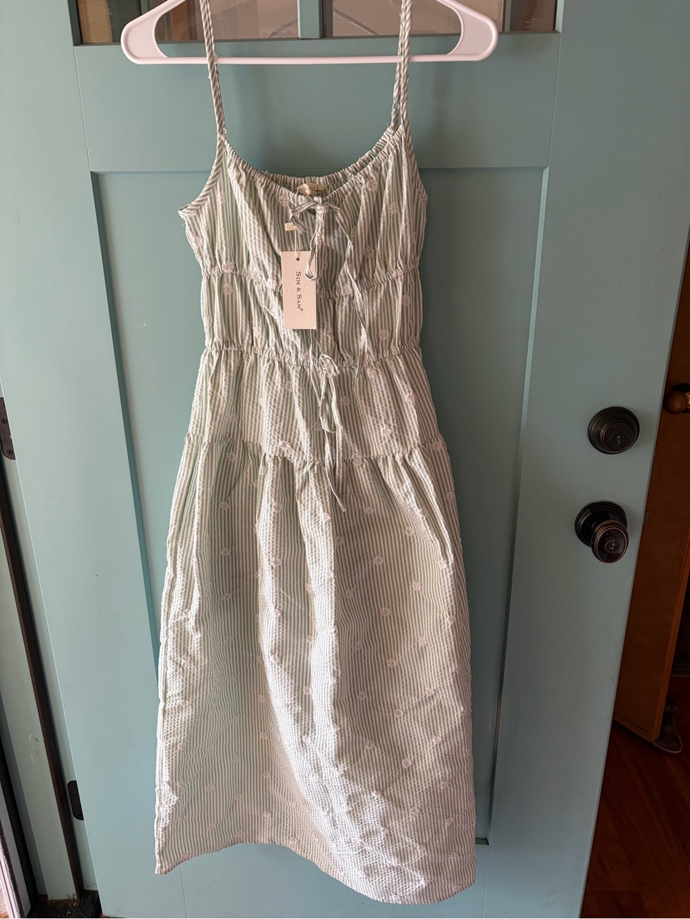 Poplin Spaghetti-Strap Midi Dress in Light Mint stripes with floral eyelet